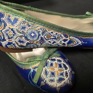 David's Bridal Blue and Green Embroidered Flats